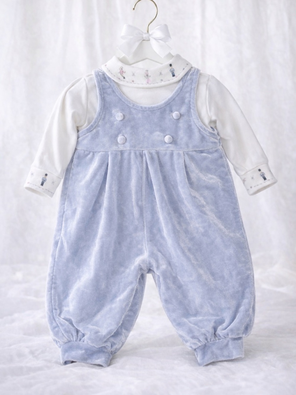 Vintage RARE 12M Blue Velvet Nutcracker Overalls Set Holiday Christmas Outfit